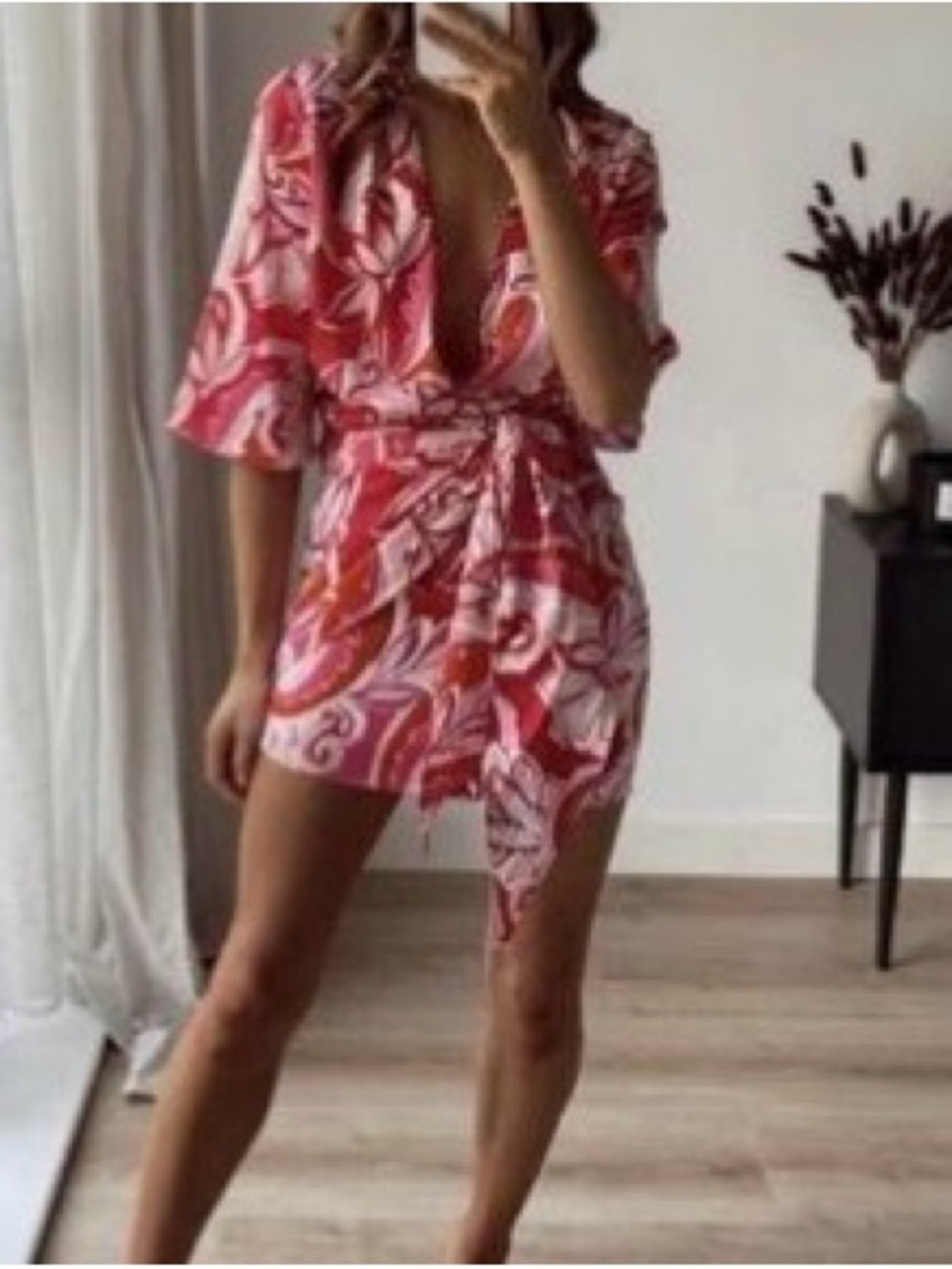 Zara Pink and Orange Paisley Wrap mini dress satin silk